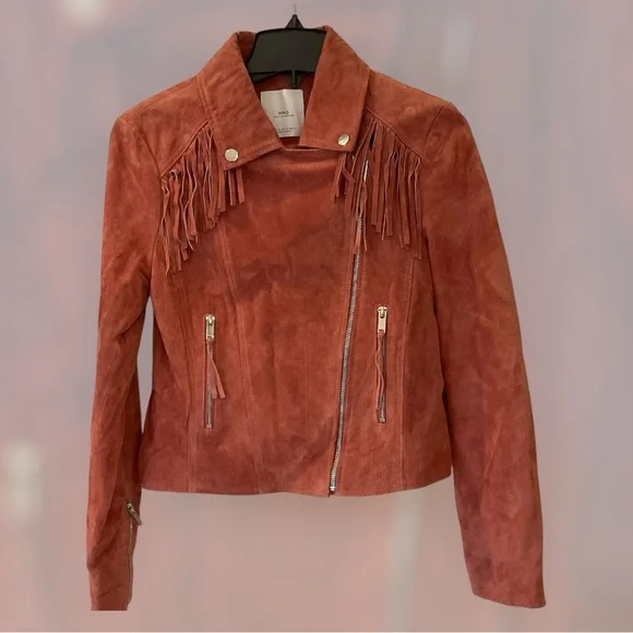 MNG Mango Leather biker fringed jacket with zipper detail, mauve color, Sz M - Picture 2 of 16